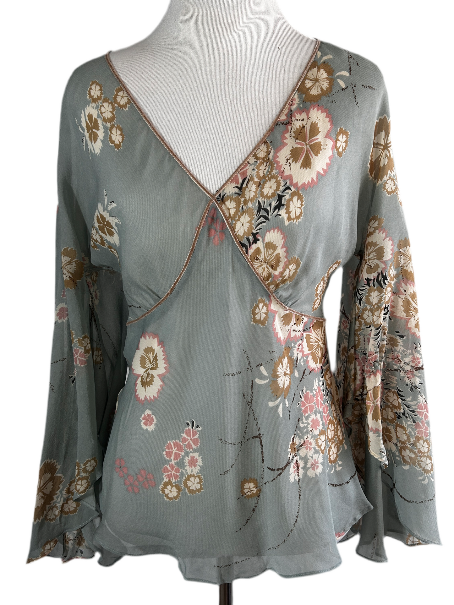 Silk Floral Blouse with Bell Sleeves