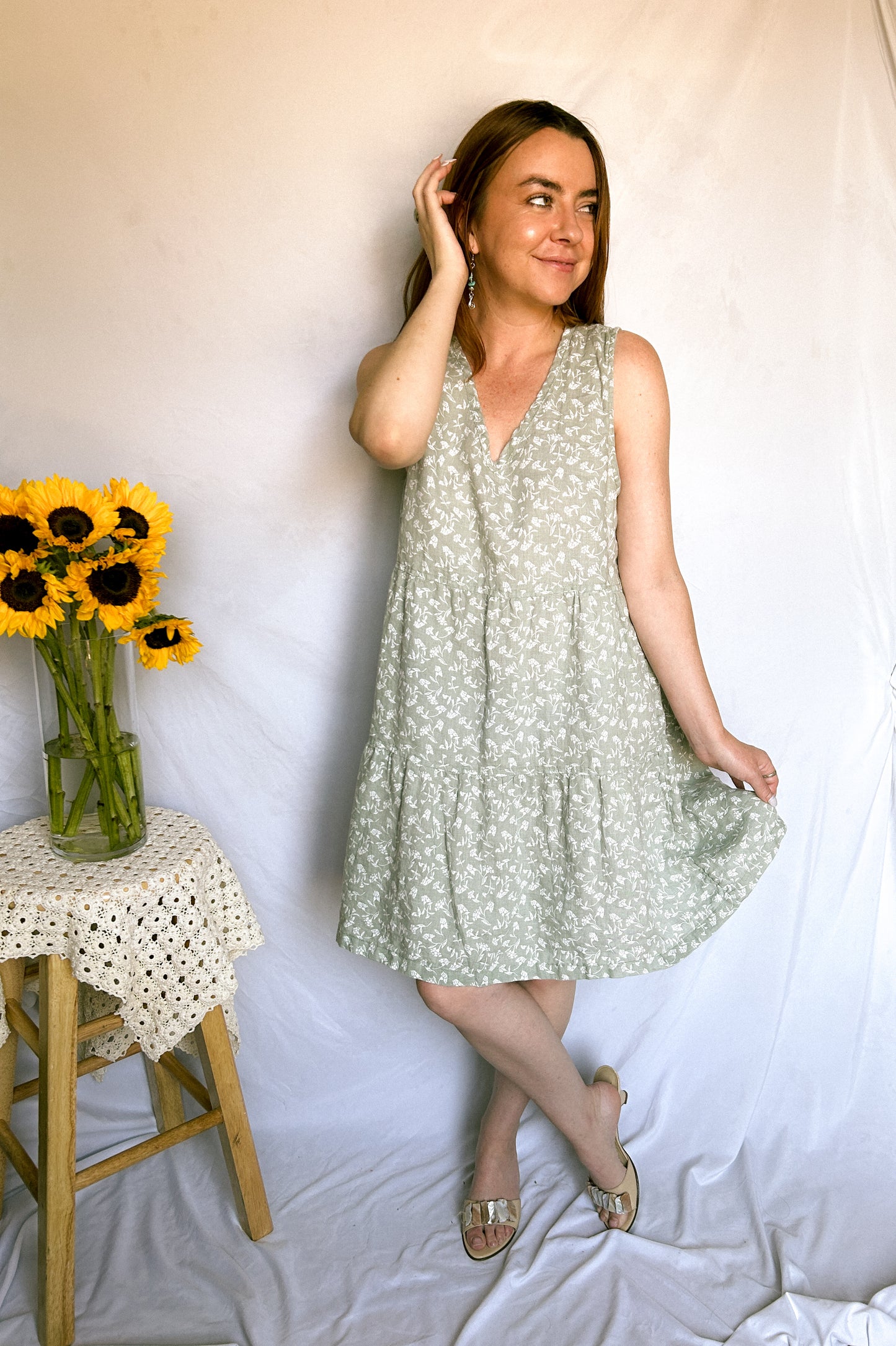 Linen Floral Tiered Dress (Large)