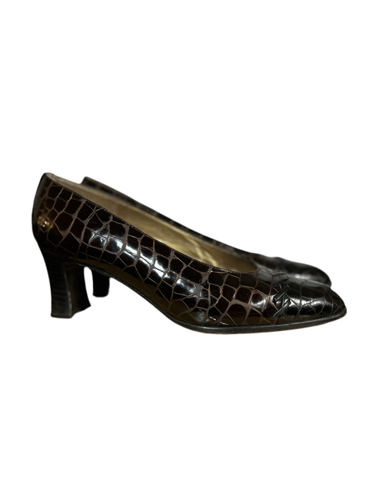 Stuart Weitzman Chocolate Croc Embossed Pumps