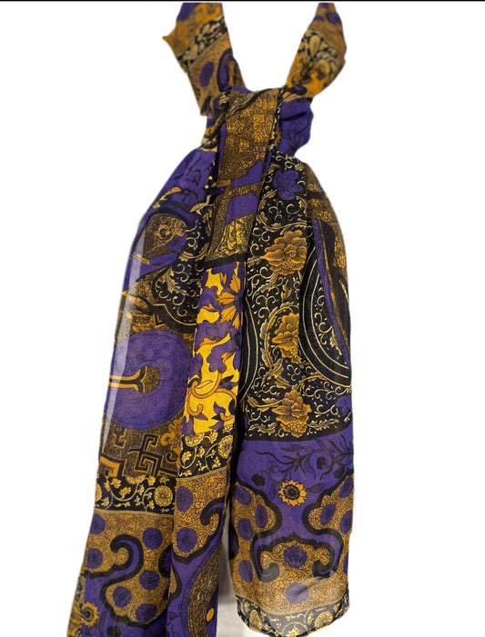 Purple and Gold Asian Silk Scarf