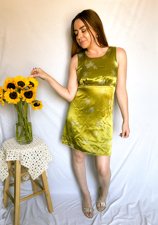 1990's Chartreuse Satin Dress (9 / Medium)